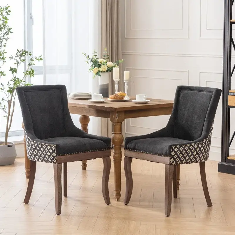 Thickened Fabric Dining Chair with solid wood legs, Set of 2