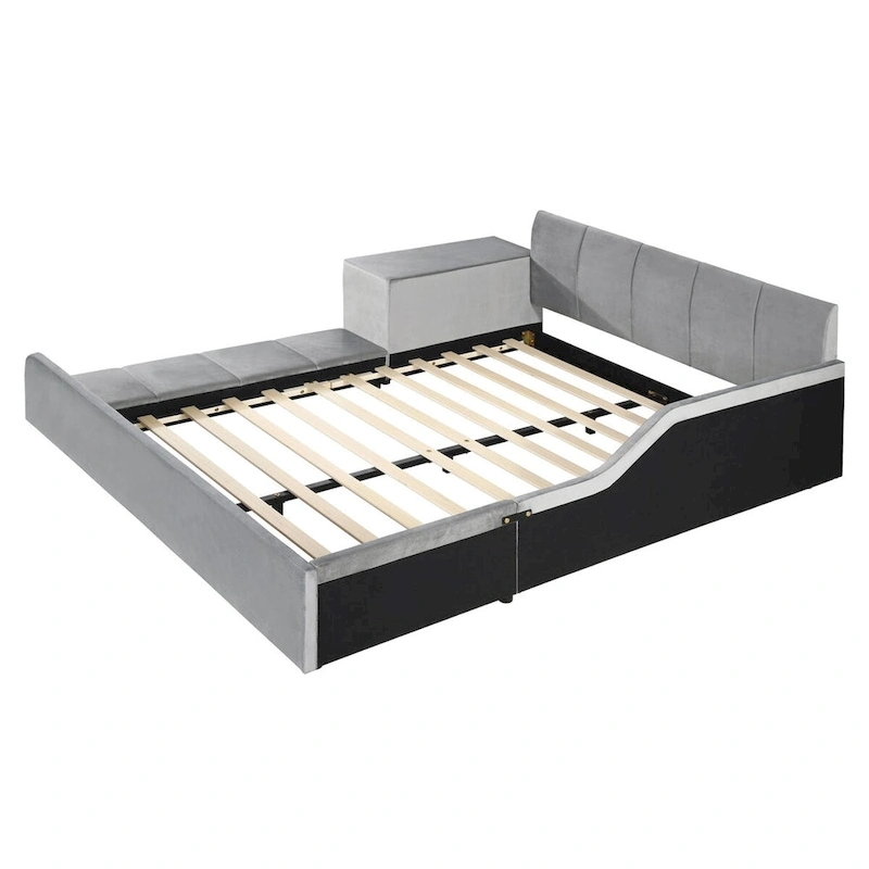 Upholstered Grounded Bed Mother & Child Bed with Bedside Desk and Little Round Stool