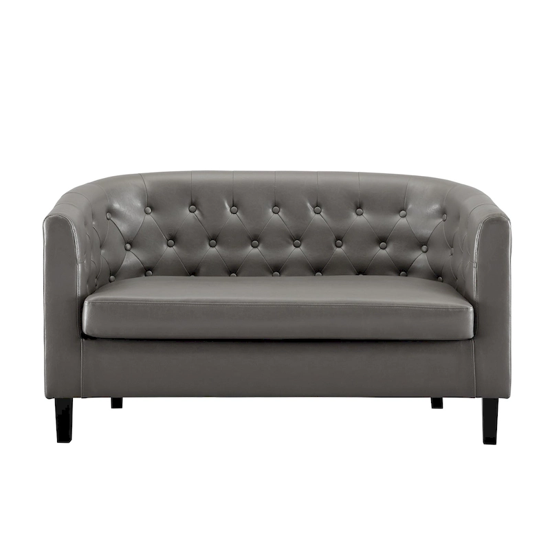 Midcentury Modern Button Tufted Faux Leather Barrel Loveseat - Comfy Tub Loveseat Sofa