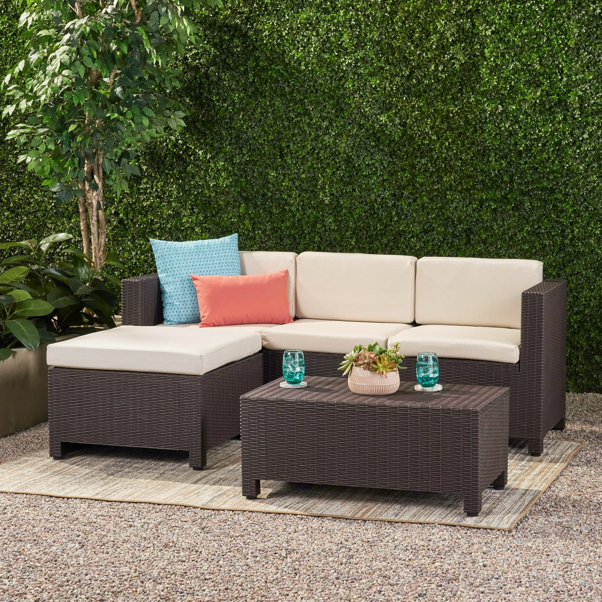 Outdoor Injection Molded Small Space 3 Seater L Shaped Sectional, Dark Brown and Beige - NH584113