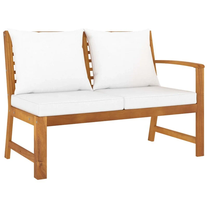 Outdoor Patio Bench, 45 Inch, Solid Brown Acacia Wood, Cream Polyester