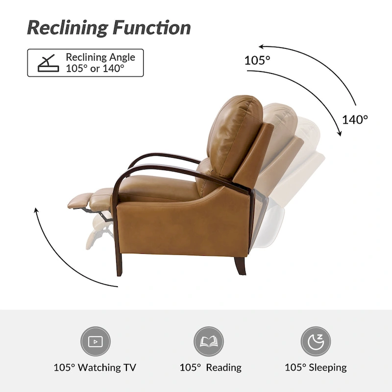 Alex Mid-century Modern Cigar Genuine Leather Manual Recliner with Wooden Curved Arms