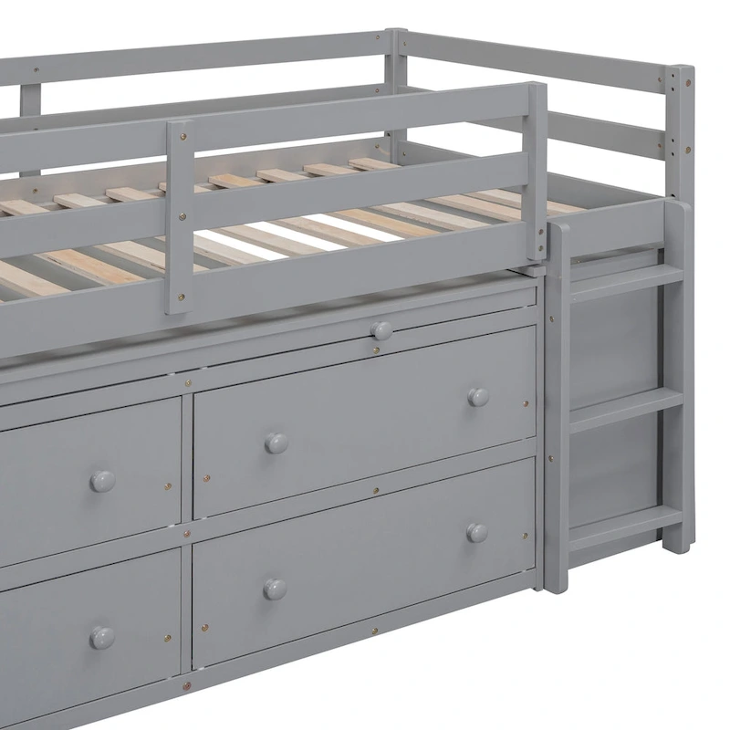 Gray Twin Size Solid Wood Loft Bed with Retractable Writing Desk and 4 Drawers, Lateral Portable Desk and Shelves