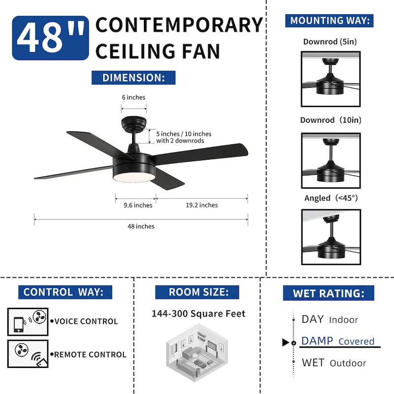 Moasis 48 Inch 4 Blades Ceiling Fans with Light and Remote Control&App Control