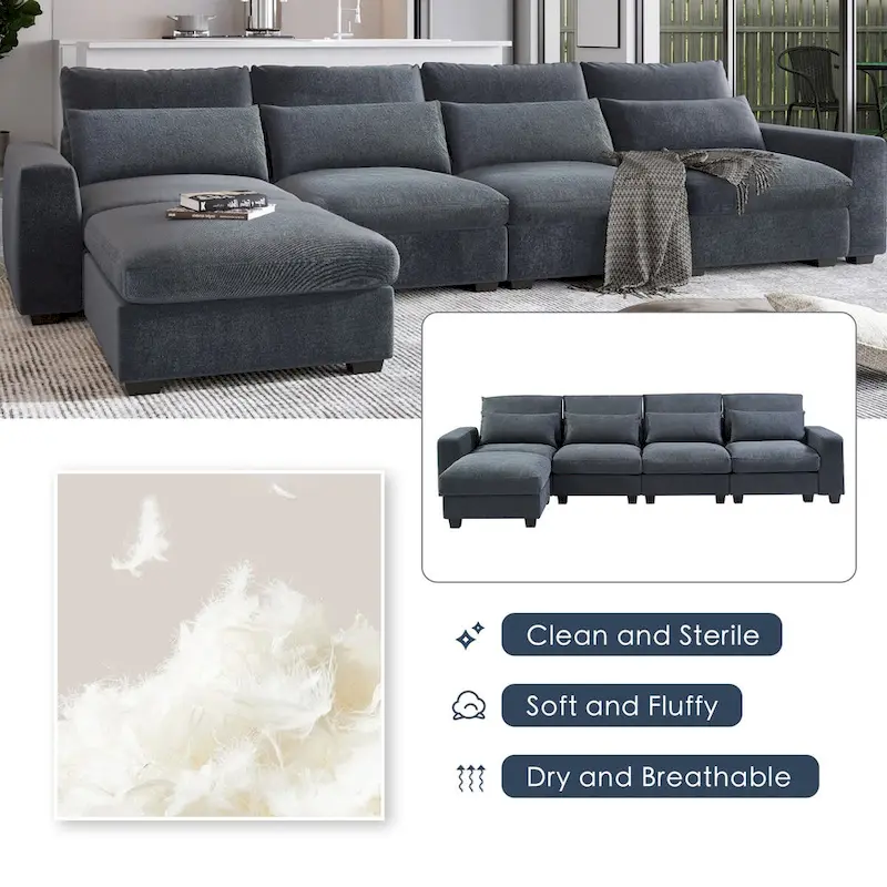 Modern Convertible Large L-shaped Feather Filled Sectional Sofa with Reversible Chaise - 129.9W x 72D x 31.5H