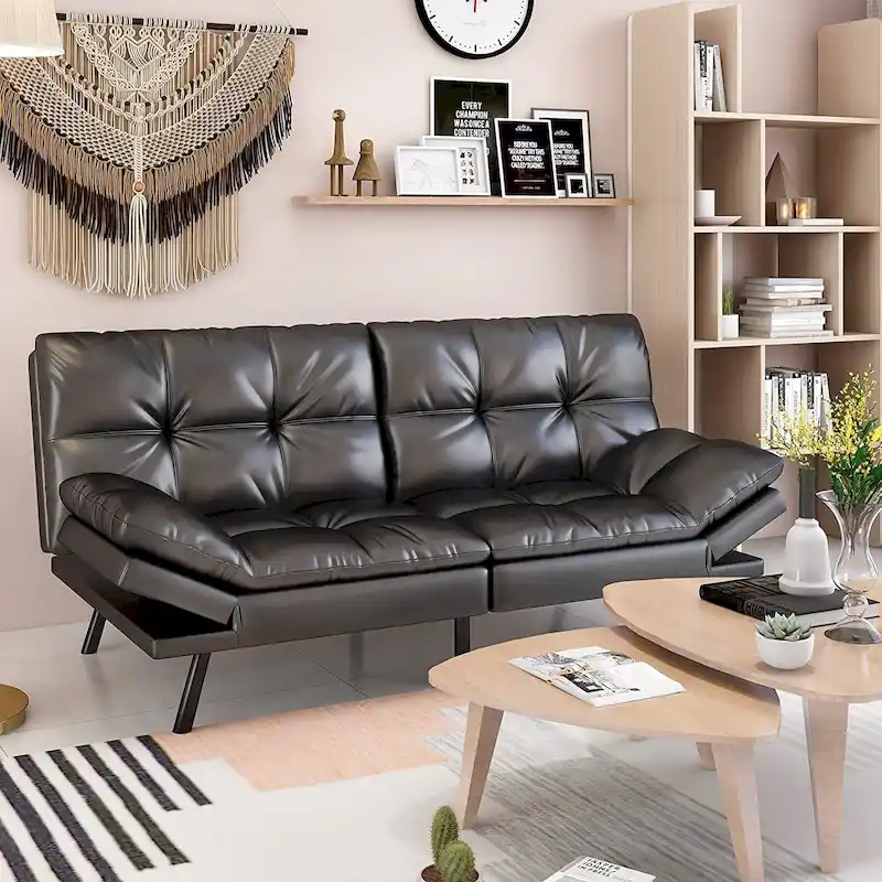 Futon Sofa Bed, Memory Foam Foldable Couch Convertible Loveseat Sleeper Daybed with Adjustable Armrests for Small Space