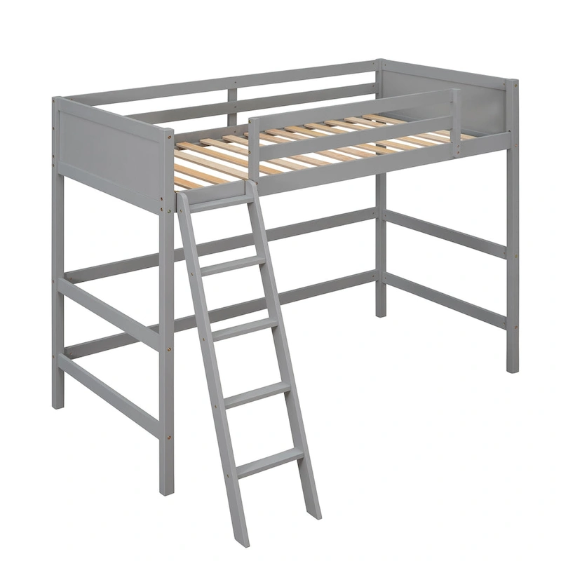 Twin Solid Wood Loft Bed with Ladder & Fence