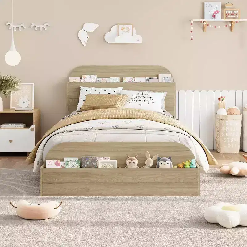 Twin Size Bed Frame, Wooden Beds with Storage Headboard and Raised-Foodboard for Kid, Twin-Floor Low Platform Bed for Bedroom, No Box Spring