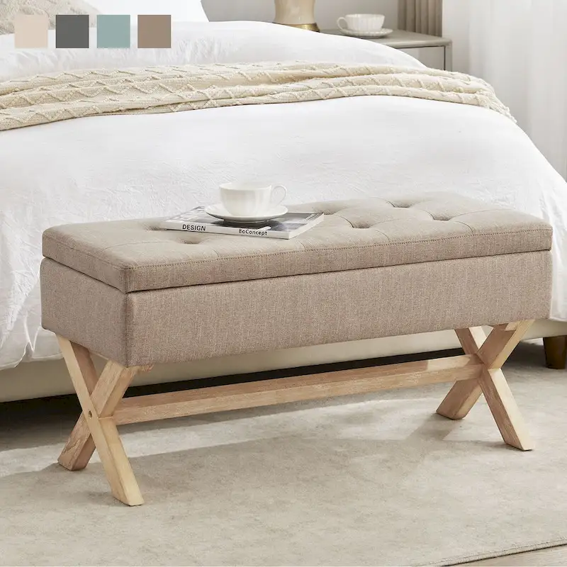 Fabric Entryway Bench Beige/ Grey Upholstered Storage Bench with X-Shaped Legs, 36-inch