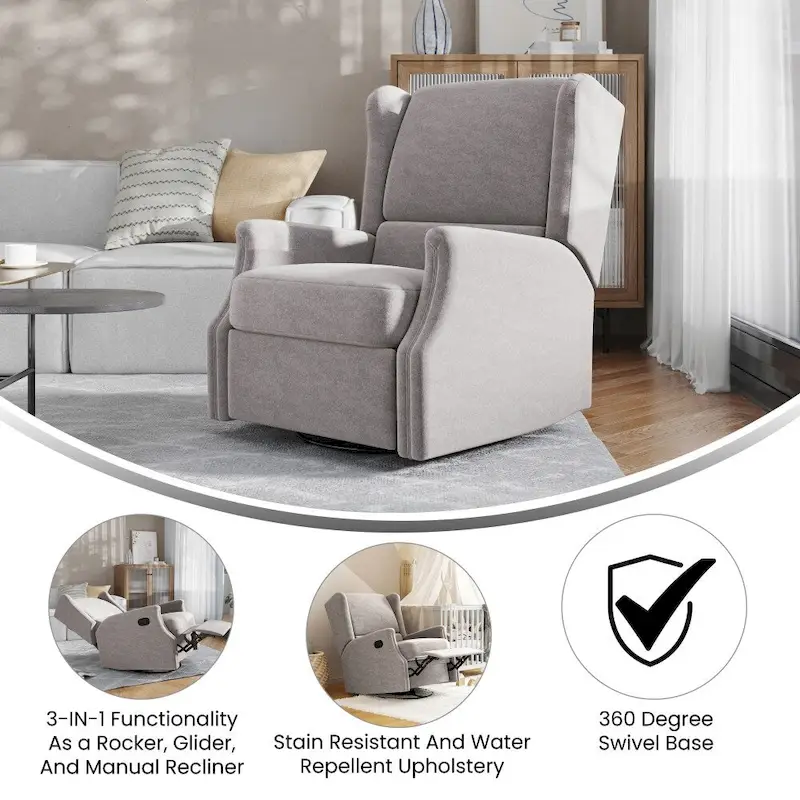 Wingback Manual Recliner Swivel Glider, Cream/Light Gray/Dark Gray, 3-Position, Seats 1