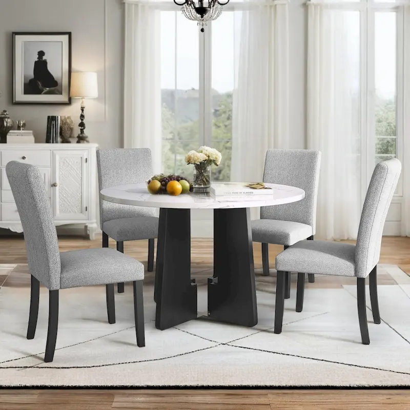 5 Piece Kitchen Table and Chairs Set, 4 People Round Dining Table Set, 4 Upholstered Chairs with Rubber Wood Legs