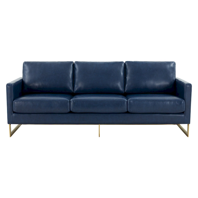 LeisureMod Lincoln Modern Upholstered Leather Sofa with Gold Frame - 83