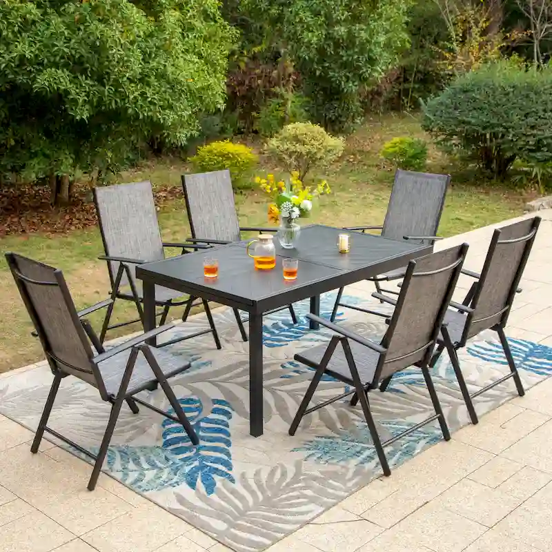Outdoor 7 Pieces Dining Set, 6 x Reclining Folding Sling Dining Chairs and 1 Patio Extendable Table for 6-8 Person - 7-pieces