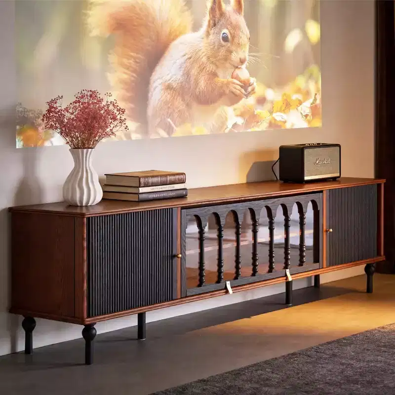 78.74 Mid Century Modern TV Stand for 85 Inch Screens Media Console with Arched Acrylic Doors Storage Cabinet Black Walnut Gaoyangjiaju