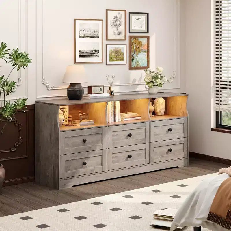 6-Drawer Dresser with RGB Lights & Power Outlet, Black / Gray / White