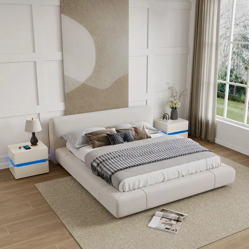 17.72 H Smart Led Nightstand with Charging Station and Drawer for Bedroom in Black/White/Cream