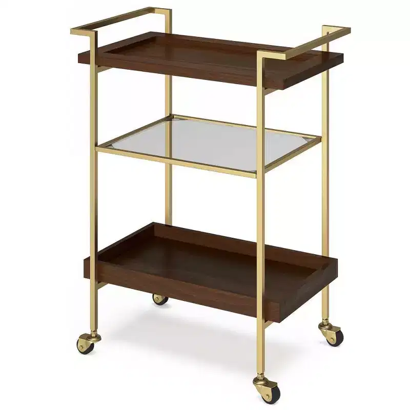 Cognac Gold Rolling Bar Cart with 2 Shelves and Caster Wheels