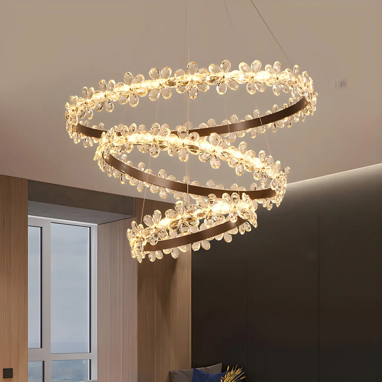 Modern Gold Dimmable LED Flower Crystal Ring Chandelier