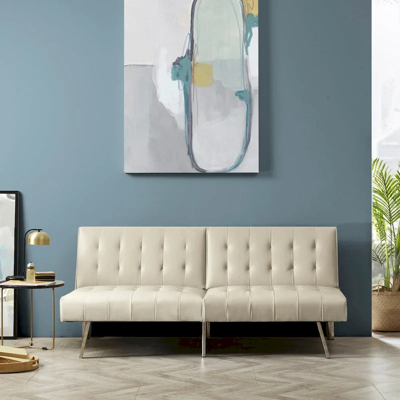 Tufted Mid-Century Modern Split Back Futon Sofa Couch Bed with Chrome Legs