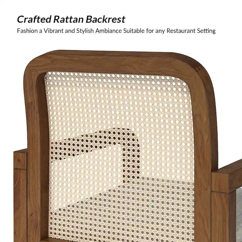 Modern Rattan Back Dining Chair with Removable Cushion - Rubber Wood Frame, Linen Upholstery