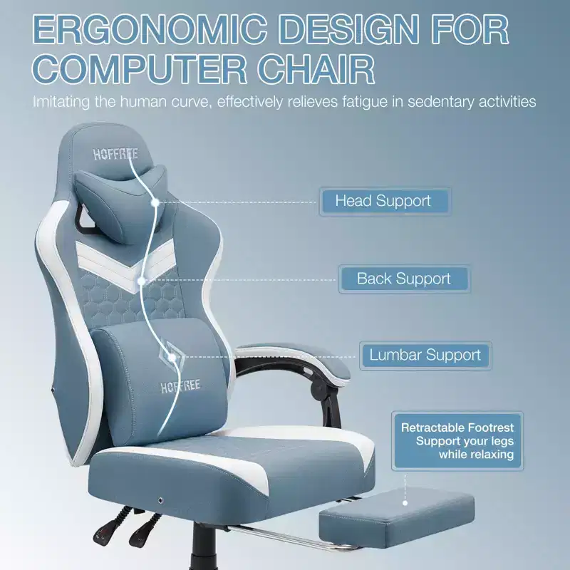 Hoffree Breathable Fabric Massage Gaming Chair Ergonomic Office PC Chair with Footrest & Adjustable