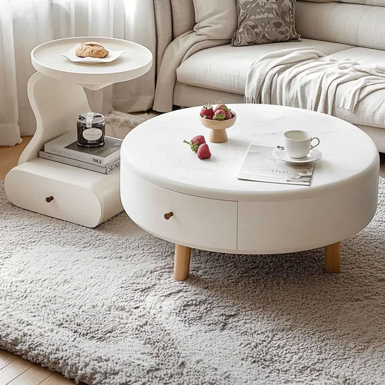 White Round Elegant Modern Wood Drawer Coffee Table