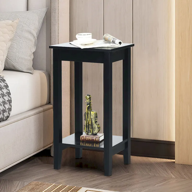 2-Tier Nightstand End Table, Set of 2, Wood & MDF, 4 Solid Legs, 16"L x 11.5"W x 29"H, Black/White