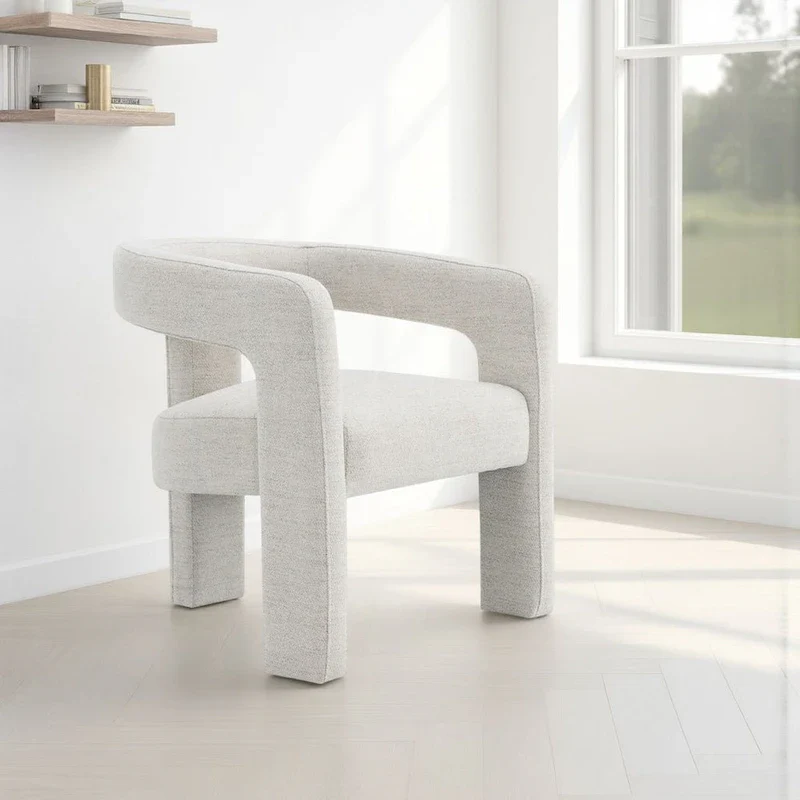 Side Dining Chair Set of 2, Textured Off White Boucle, Curved Back