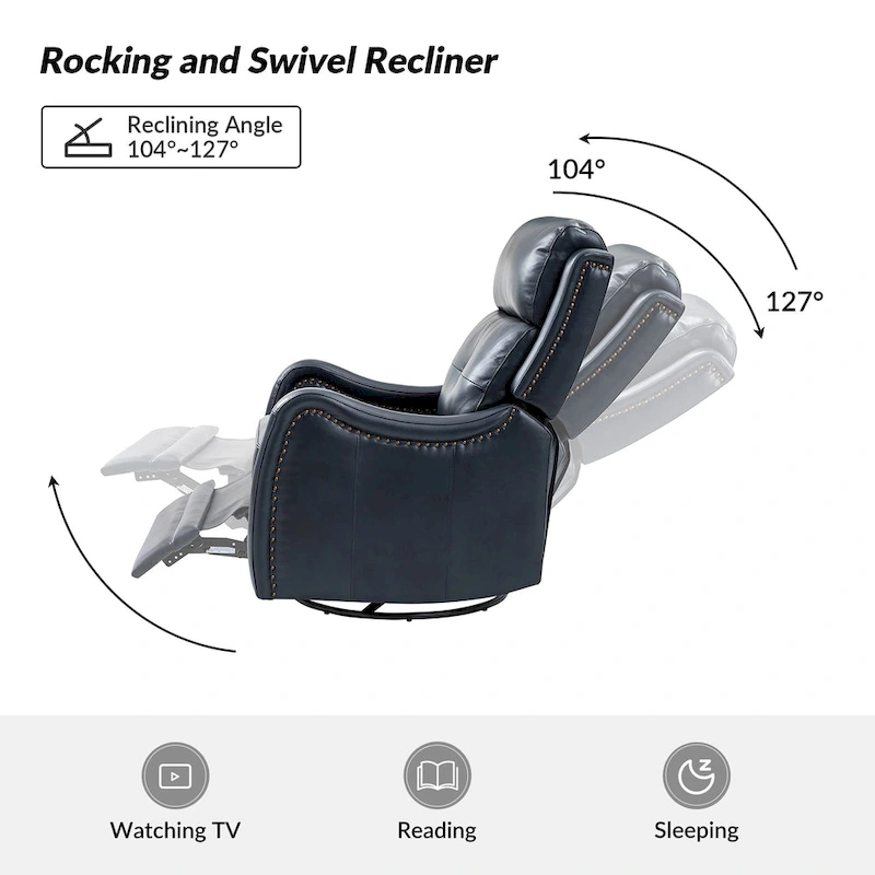 FrancoModern Genuine Leather Swivel Rocker Recliner with Nailhead Trims by HULALA HOME