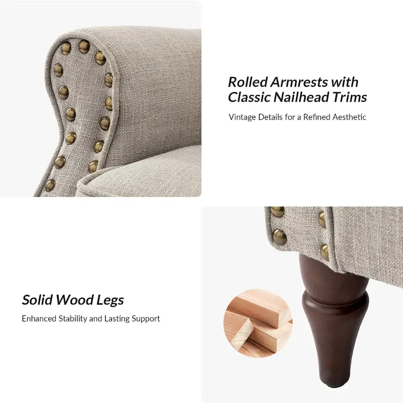 Upholstered Comfy Accent chair with Turned Wooden Legs and Nailhead Trim Set of 2 by