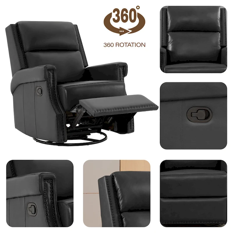 Genuine Leather Manual Rocking Recliner with 360-degree Metal Swivel Base