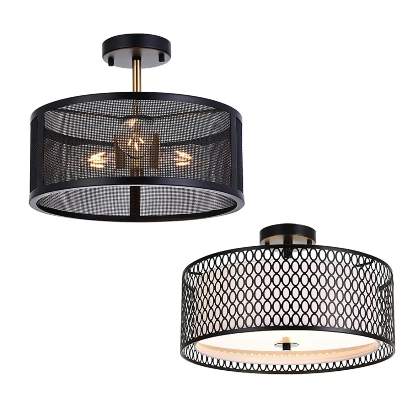 Modern Black Metal Hollow Cylinder Semi Flush Ceiling Light