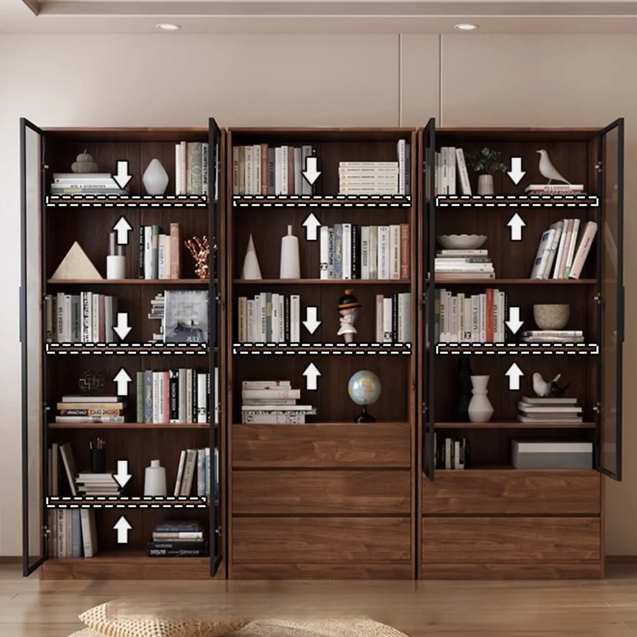 Traditional Brown Pecan Wood Bookcase with Drawers