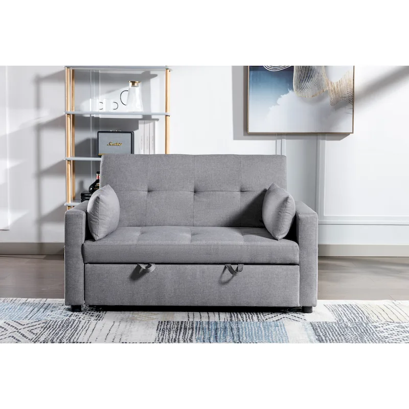 Light Grey Linen Fabric 3-In-1 Convertible Sleeper Loveseat With Side Pocket