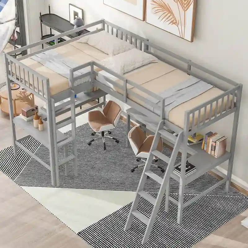 Twin Size L-Shaped Loft Bed Frame for Boys Girls Kids Adults Toddler with Ladder and 2 Built-in L-Shaped Desks