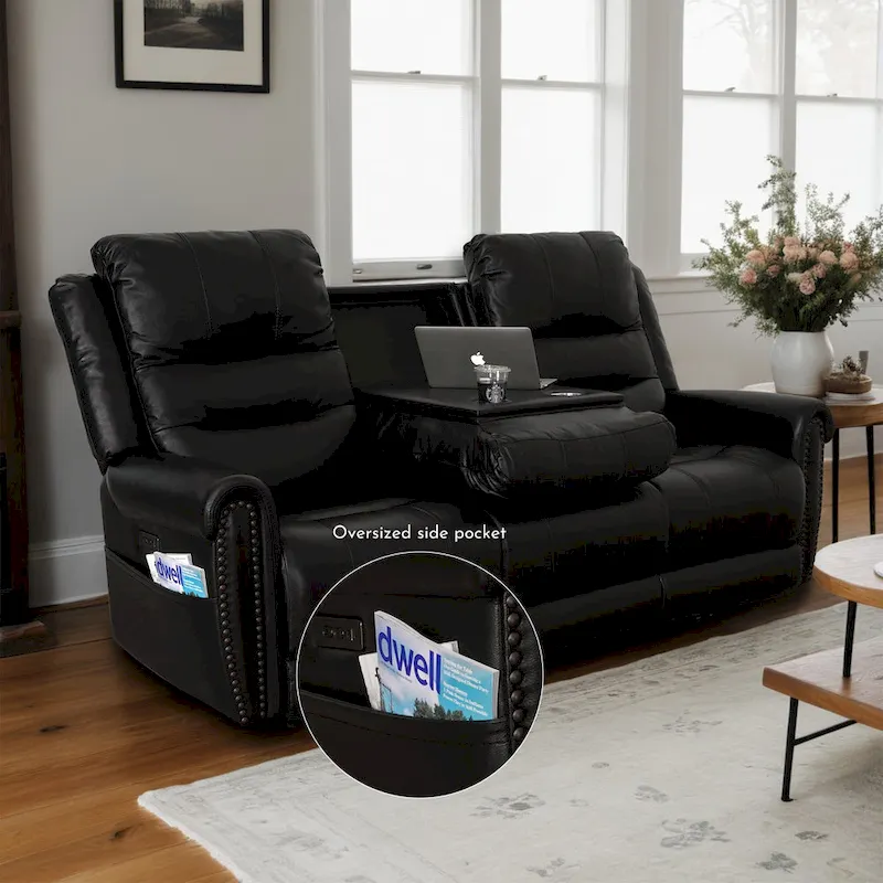 Genuine Leather Black Power Recliner Sofa, Loveseat, Recliner With Adjustable Headrest and Extendable Footrest