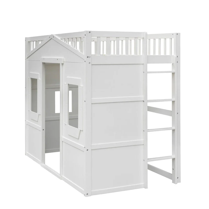 White Castle Style Solid Pine Wood Loft Bed with Ladder and Guard Rails
