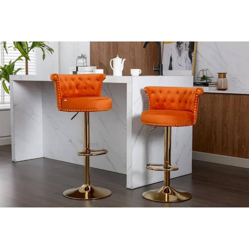 Velvet Upholstered Tufted Nailheads Swivel Adjustable Height Bar Stools With Golden Footrest(set of 2)