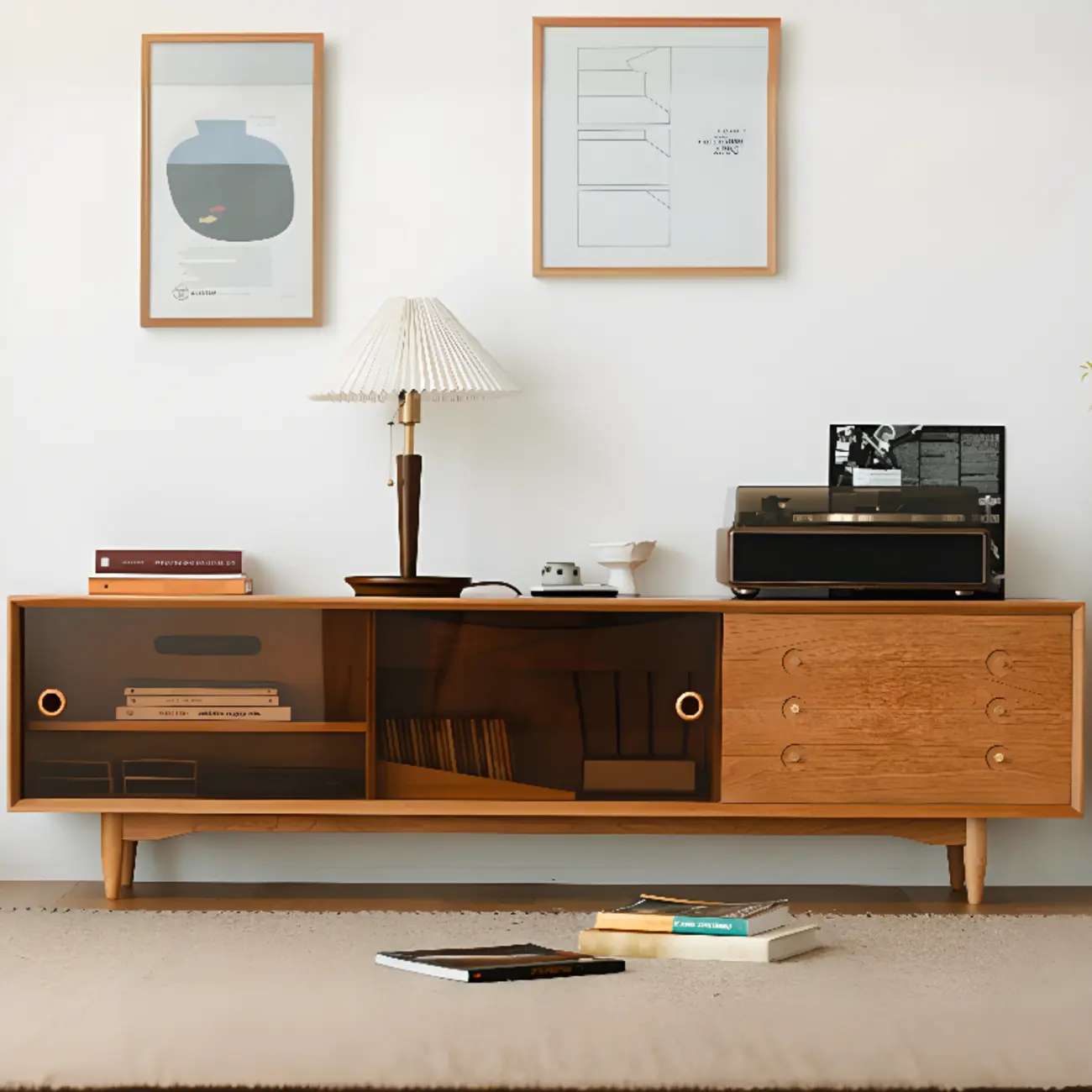 Long Scandinavian Cherry Wood TV Stand with Door