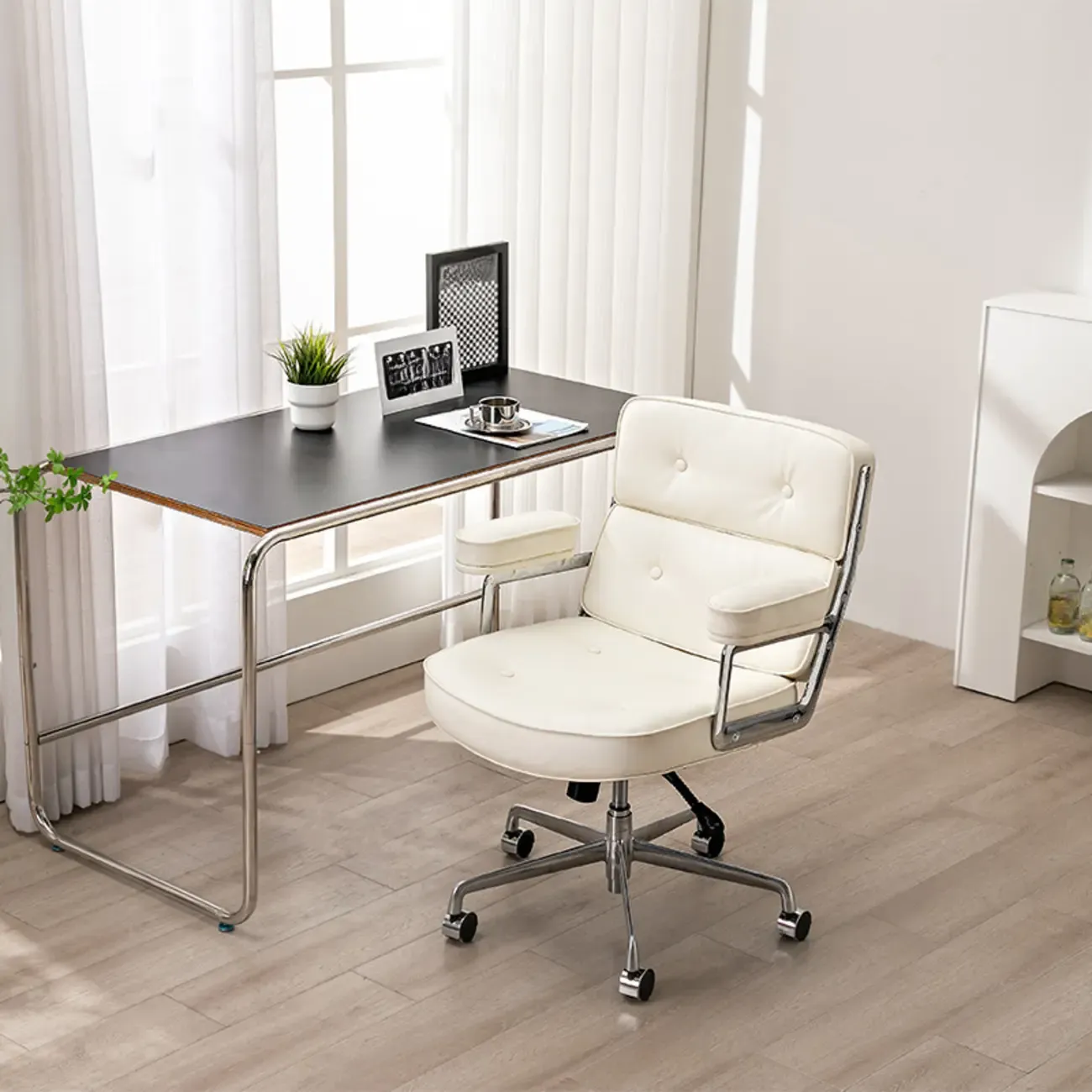 Upholstered Apricot Leather Adjustable Swivel Office Chair