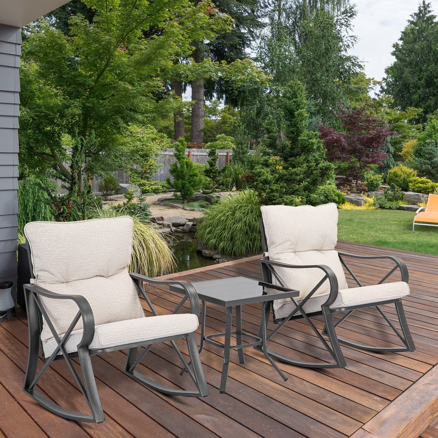 COSIEST 3-piece Outdoor Rocking Chair Chat Set with Side Table