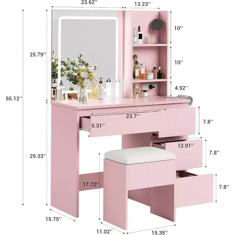 Makeup Vanity Desk with Lighted Mirror, Dressing Table Set with 4 Drawers, Pink