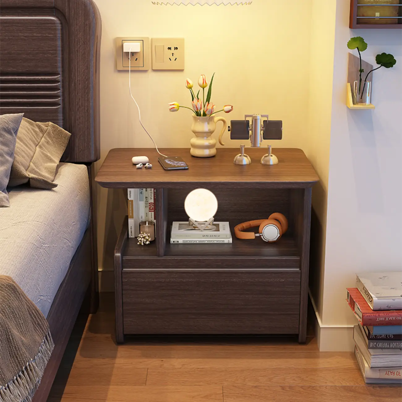 Classic Wooden Nut-Brown Nightstand with Drawer & Shelf