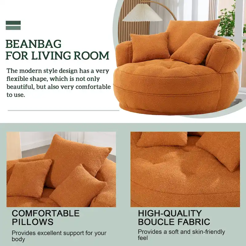 Boucle Upholstered Tufted Barrel Accent Living Room Chair With Toss Pillows