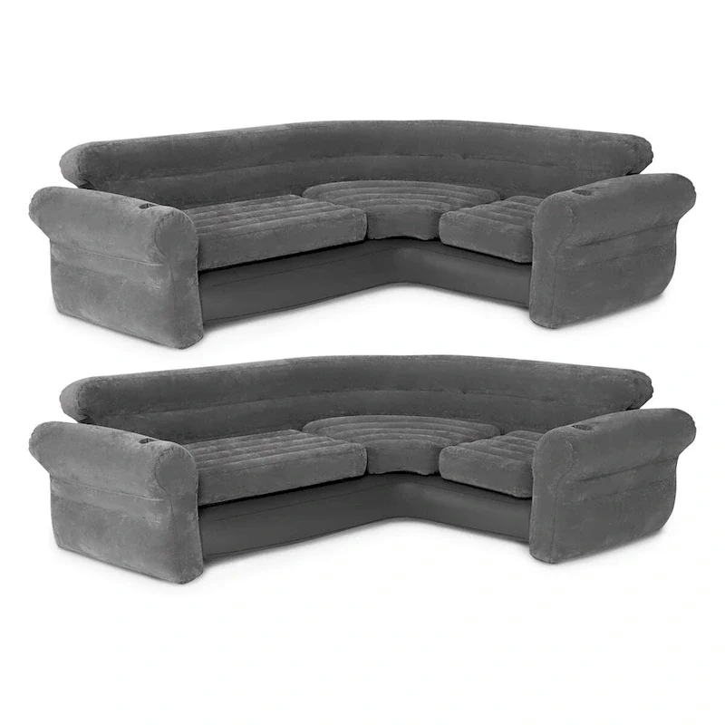 Intex Corner Sofa L-Shaped Inflatable Lounge Couch w/ Cupholders, Gray (2 Pack) - 26