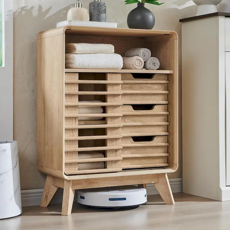 Slatted Door Bathroom Floor Cabinet, Mid-Century Storage Cabinet