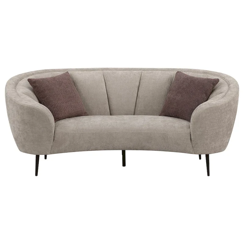 Zui Curved Loveseat, 84 Inch Beige, Round Design, 2 Accent Pillows