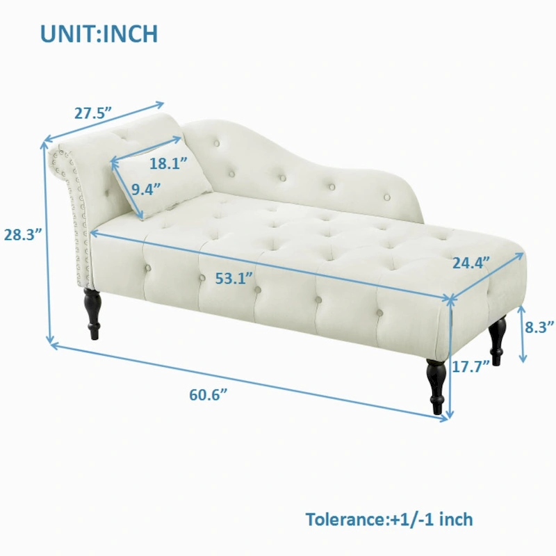 Modern 60.6 Velvet Upholstered Buttons Tufted Chaise Lounge Chair with Solid Wood Legs and Nailheads