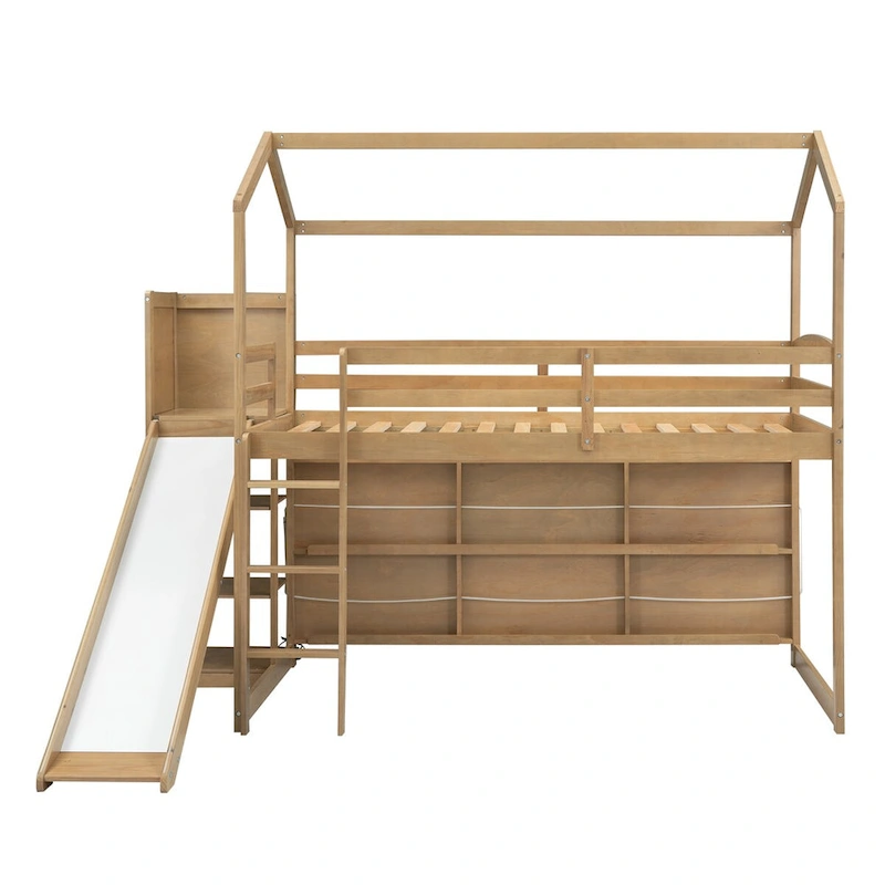 Twin Size Wood House Loft bed with Slide