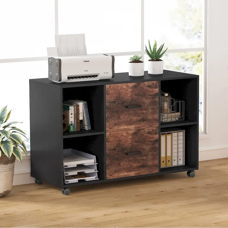 Wood File Cabinet with 2 Drawers and 4 Open Shelves Office Storage Cabinet